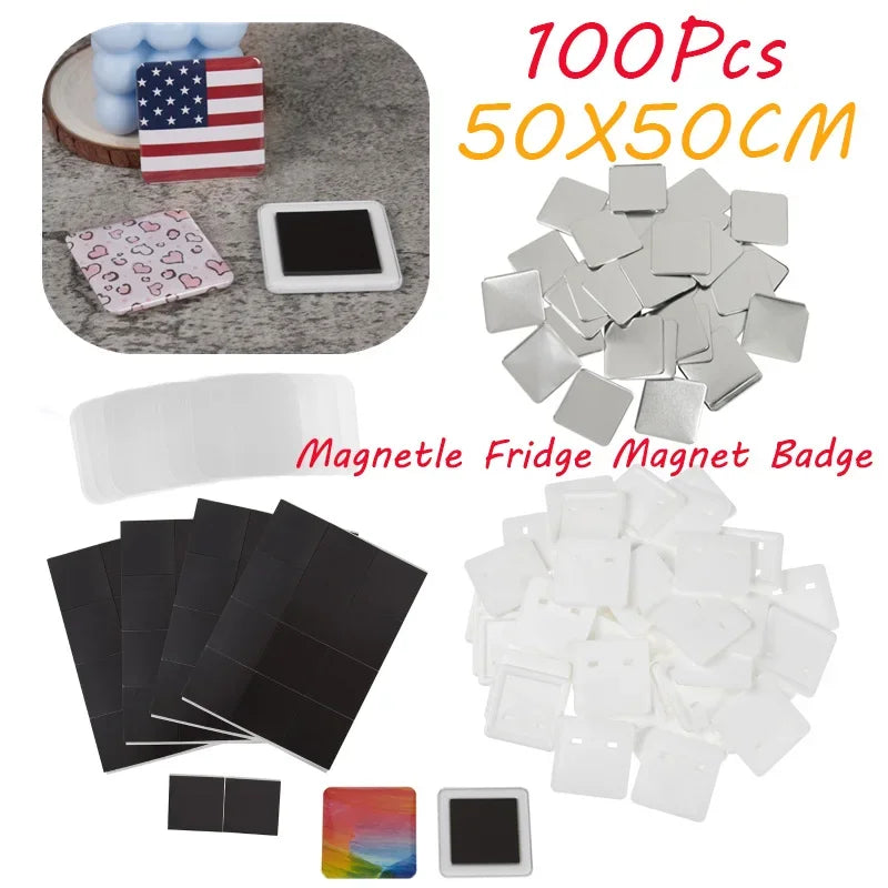 100-Pack Square Fridge Magnet Button Parts Set 50×50mm DIY DIY Magnet Button Kit QXL