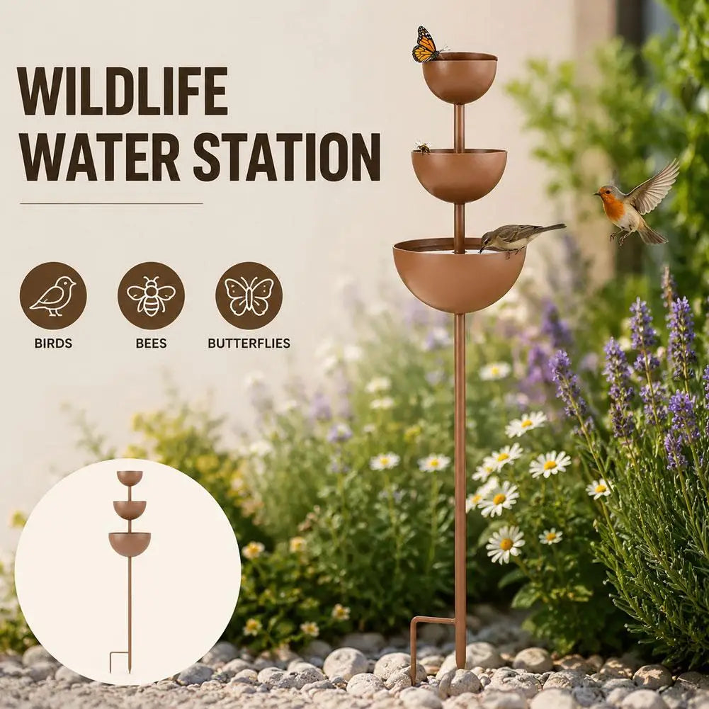 3-Tier Iron Bird Feeder & Bath Garden Stake | Rustic Ornament Bird Feeder Stake QXL