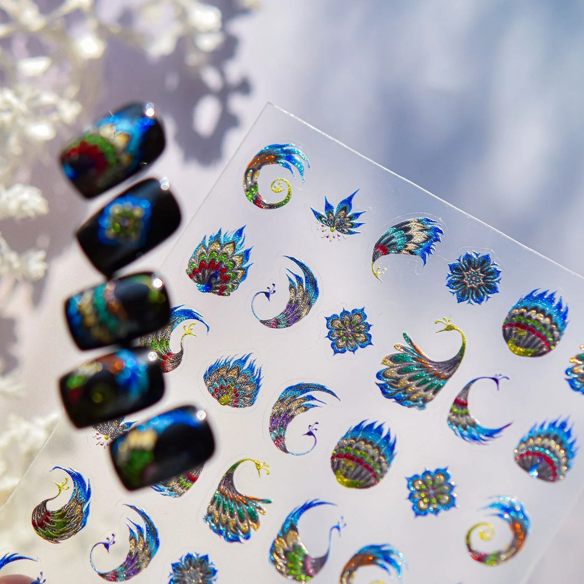5D Holographic Peacock Feather Nail Stickers | Self-Adhesive Decals Nail Art Stickers QXL