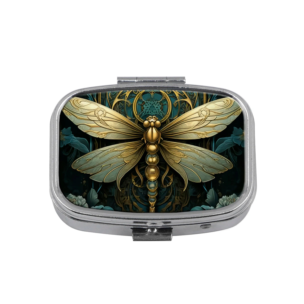 2-Grid Retro Dragonfly Metal Pill Box | Mini Travel Case Travel Pill Case QXL 1Pc