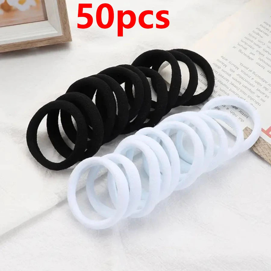 50-Pack Candy Color Nylon Scrunchie Hair Ties | Women & Girls Scrunchie Hair Ties QXL M318Black White 50PC