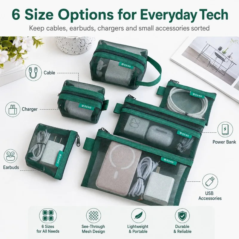 6-Pack Mesh Tech Organizer Pouches | Cable & Accessory Storage Mesh Organizer Pouches QXL