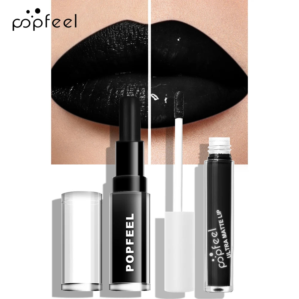 POPFEEL Black Lipstick & Lip Gloss Kit | Matte Long-Lasting Lip Makeup Kit QXL