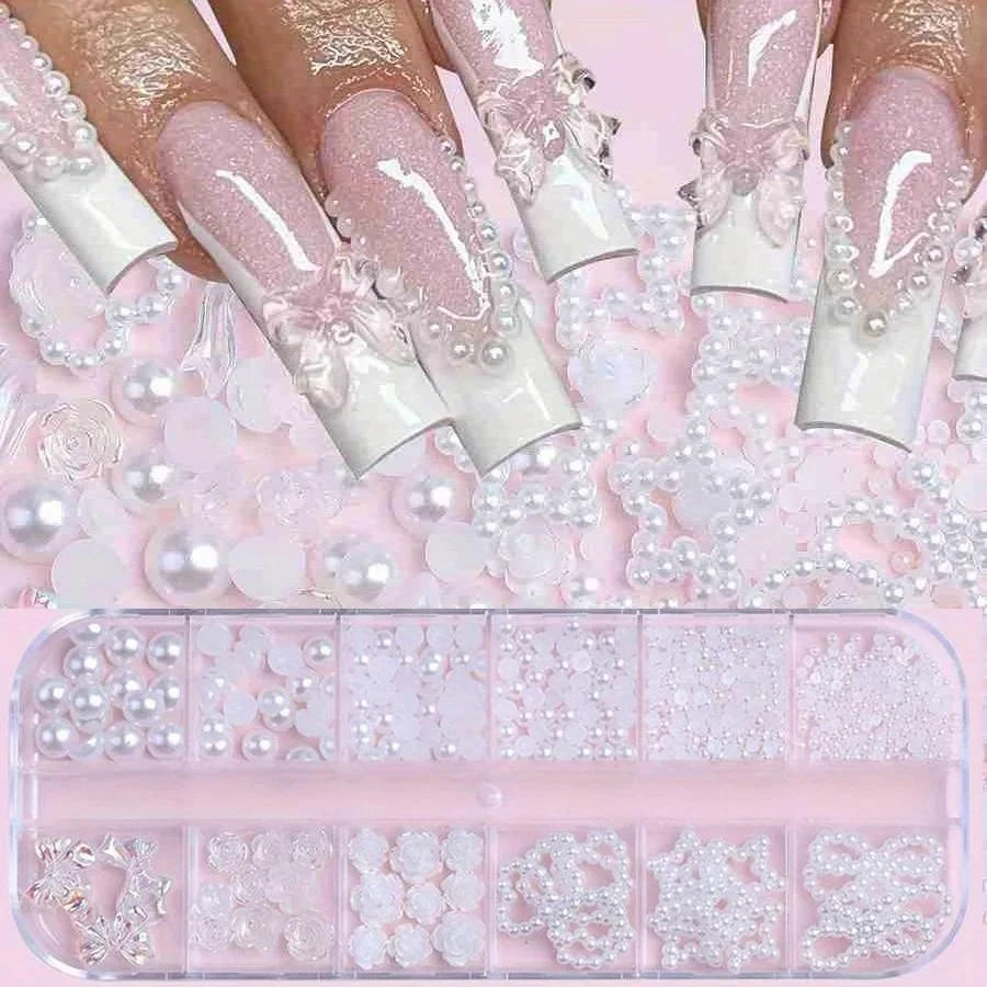 12-Grid Kawaii Nail Art Charms | Pearls, Bows, Hearts & Stars Nail Art Charms QXL