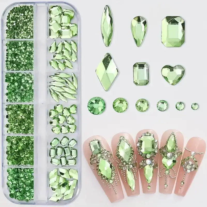 530-Pc 3D Nail Art Rhinestones | 12-Grid Flatback DIY Set Nail Art Rhinestones QXL