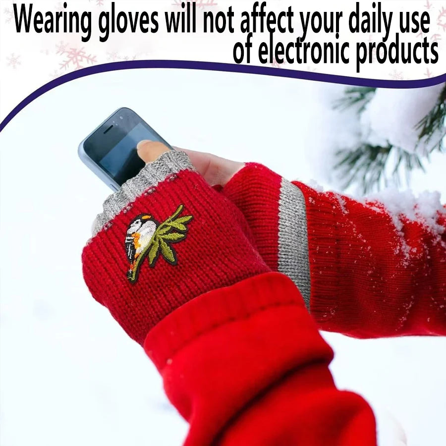 Women's Embroidered Fingerless Gloves – Cat, Bird & Heart Fingerless Gloves QXL