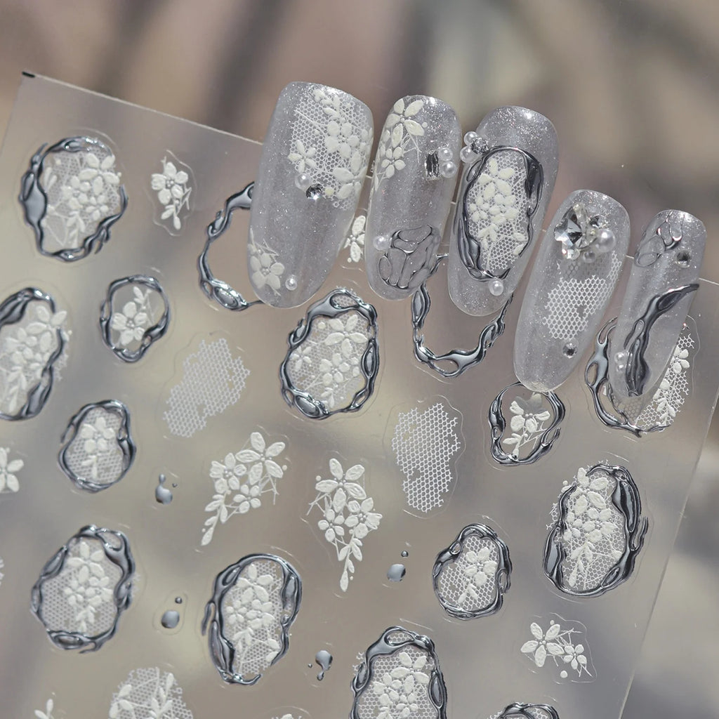 5D Lace Floral Nail Stickers | Vintage French Manicure Decals Nail Art Stickers QXL