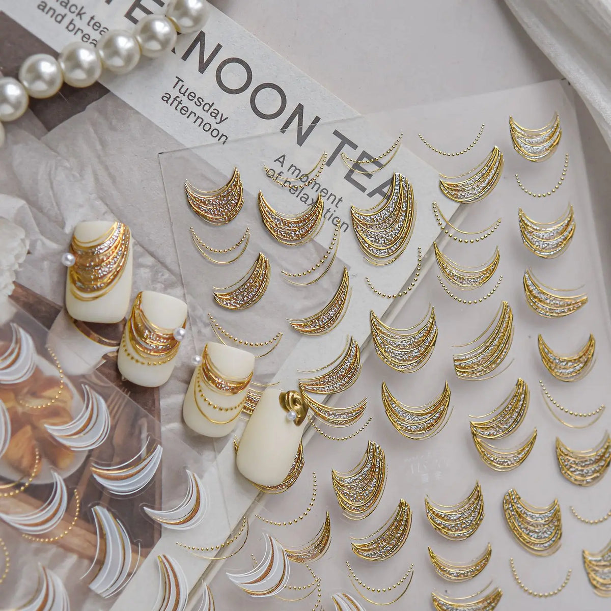 5D French Nail Stickers | Gold Border Crescent Bead Chain Decals Nail Art Stickers QXL