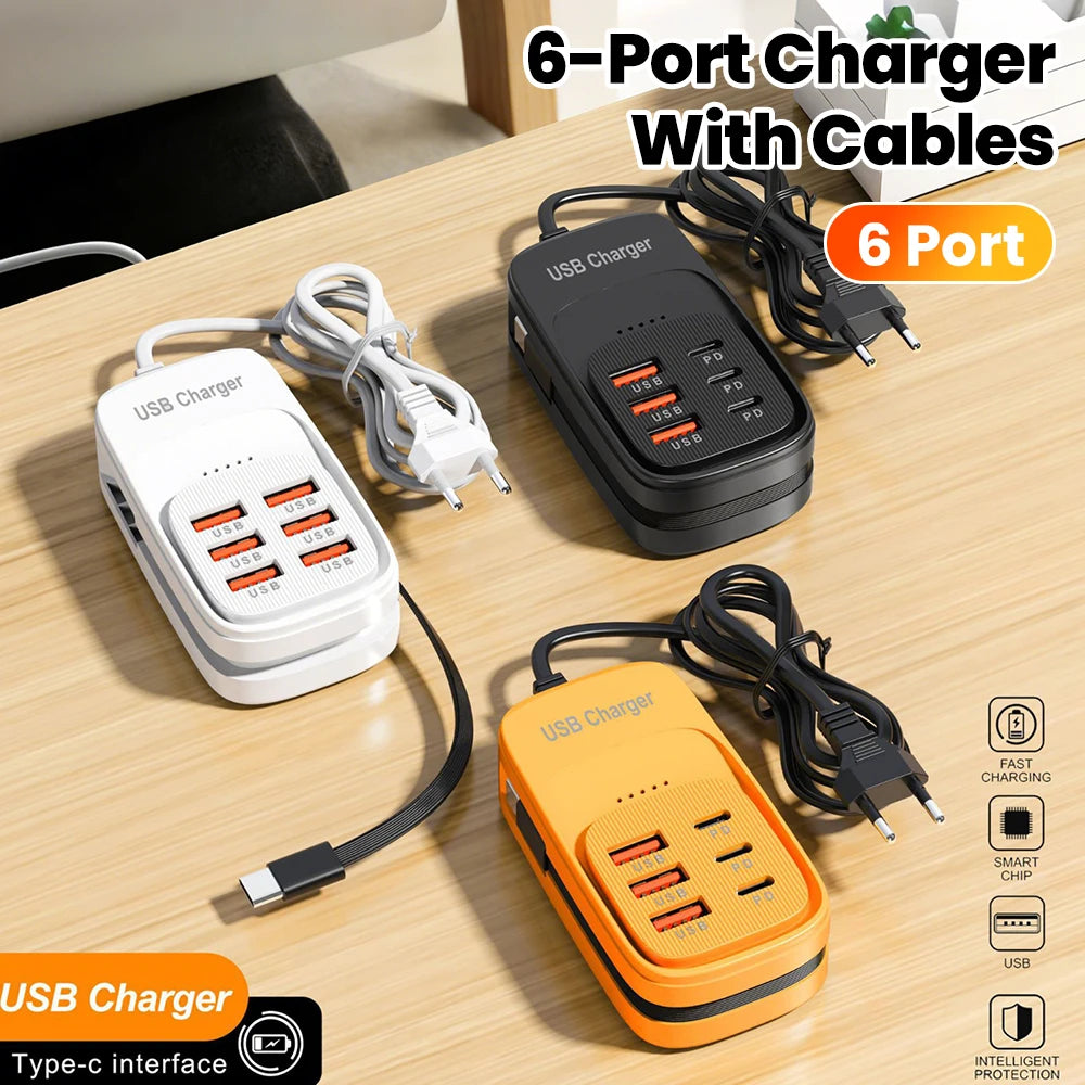 6-in-1 Desktop USB Charging Station | 3 PD + 3 USB Ports USB Charging Station QXL