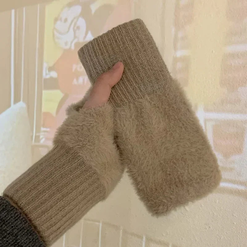 Women's Fleece Half Finger Gloves | Warm Knit Wrist Mittens Fingerless Winter Gloves QXL khaki