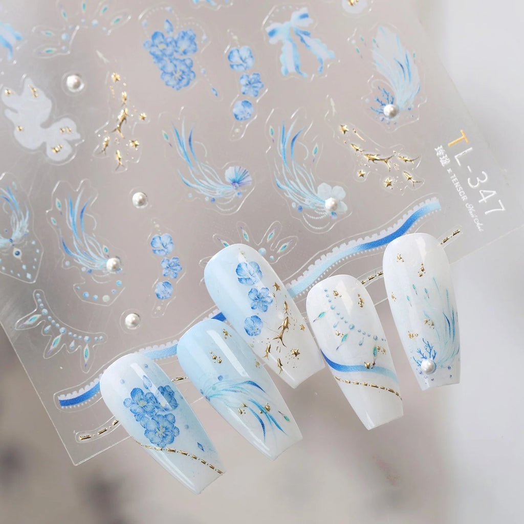 5D Blue Floral Nail Stickers | Pearl & Feather Self-Adhesive Decals Nail Art Stickers QXL