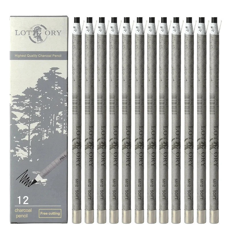 12-Pack Wooden Charcoal Sketch Pencils | Soft & Medium Grades Charcoal Sketch Pencils QXL