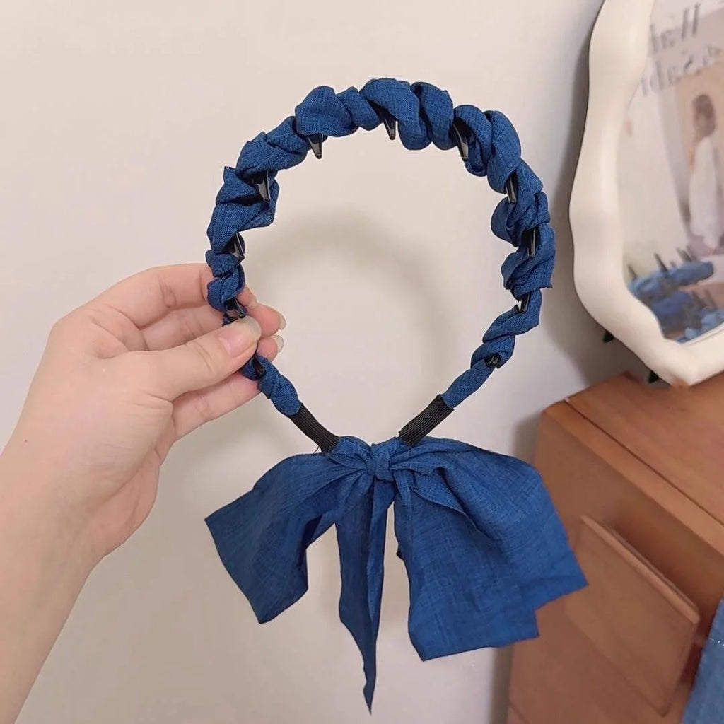 Blue Denim Ribbon Hair Hoop Headband | Korean Style Fashion Headband QXL Dark Blue