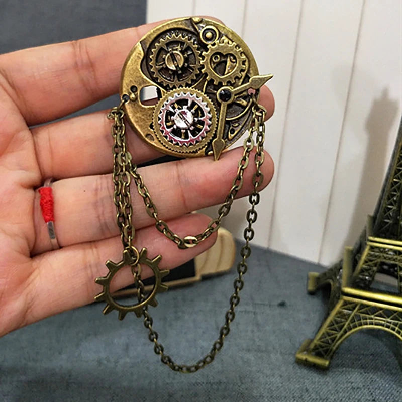 Retro Steampunk Gear Brooch & Tassel Chain Lapel Pin | Alloy Brooch Lapel Pin QXL