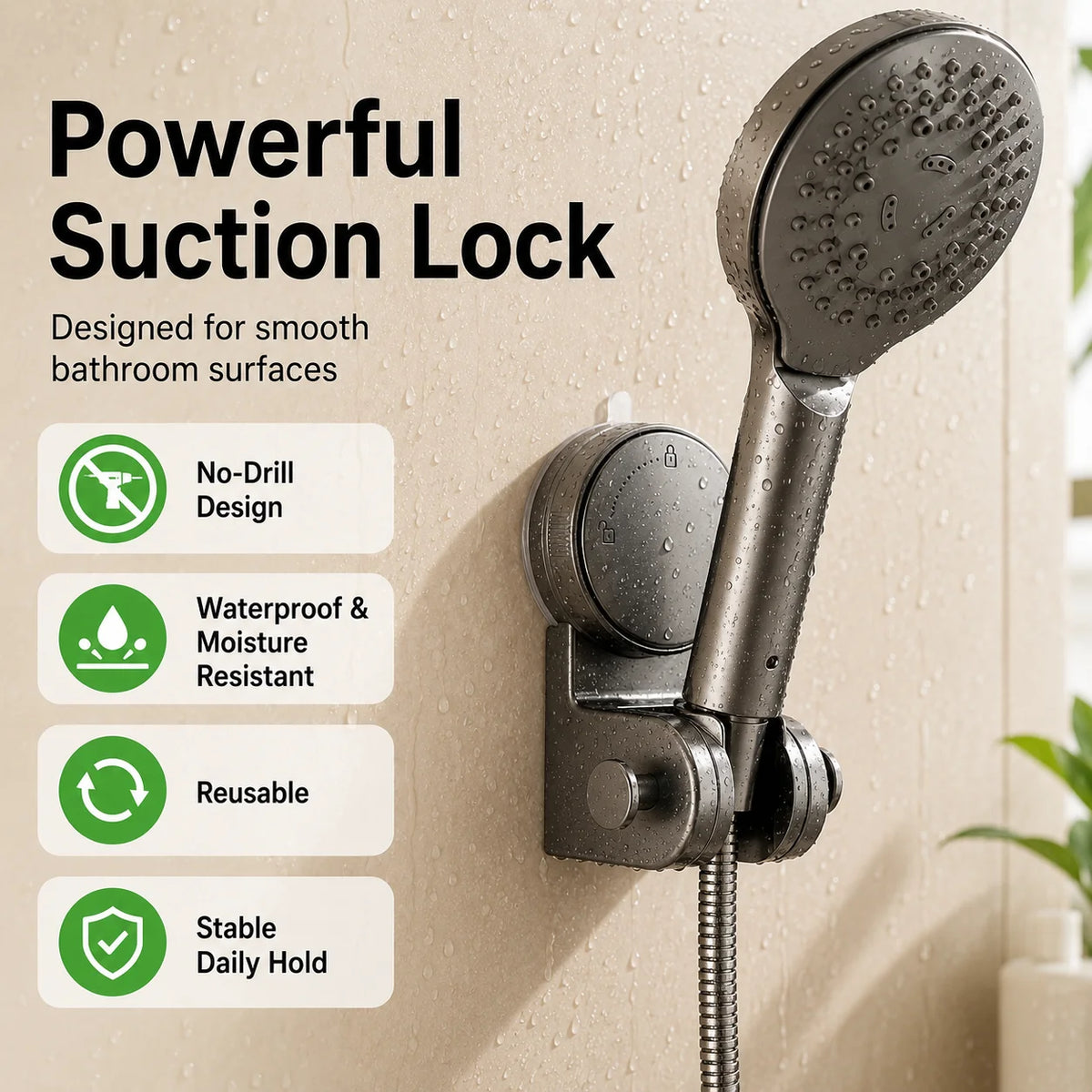 No-Drill Suction Cup Shower Head Holder | 360° Adjustable Shower Head Holder QXL