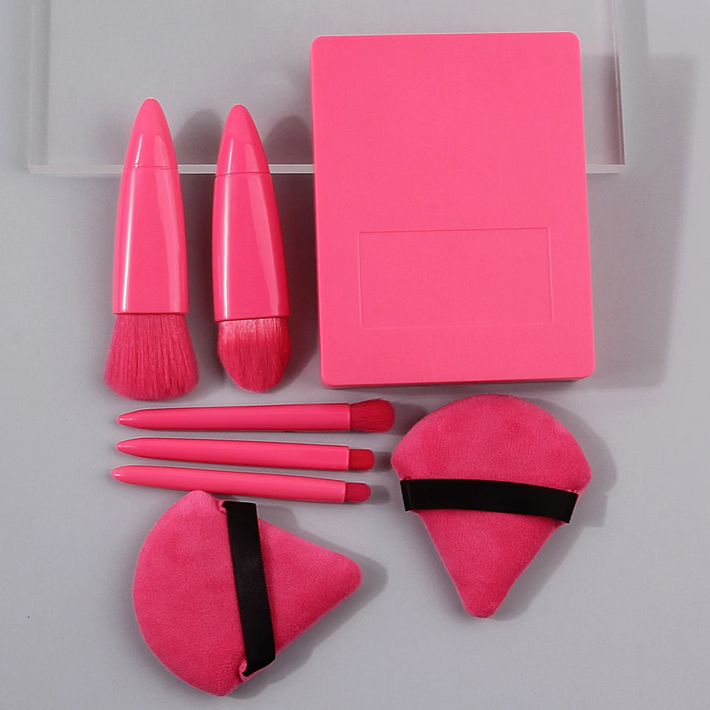 KOSSHOW 8-Pc Mini Travel Makeup Brush Set with Mirror Case Travel Makeup Brush Set QXL