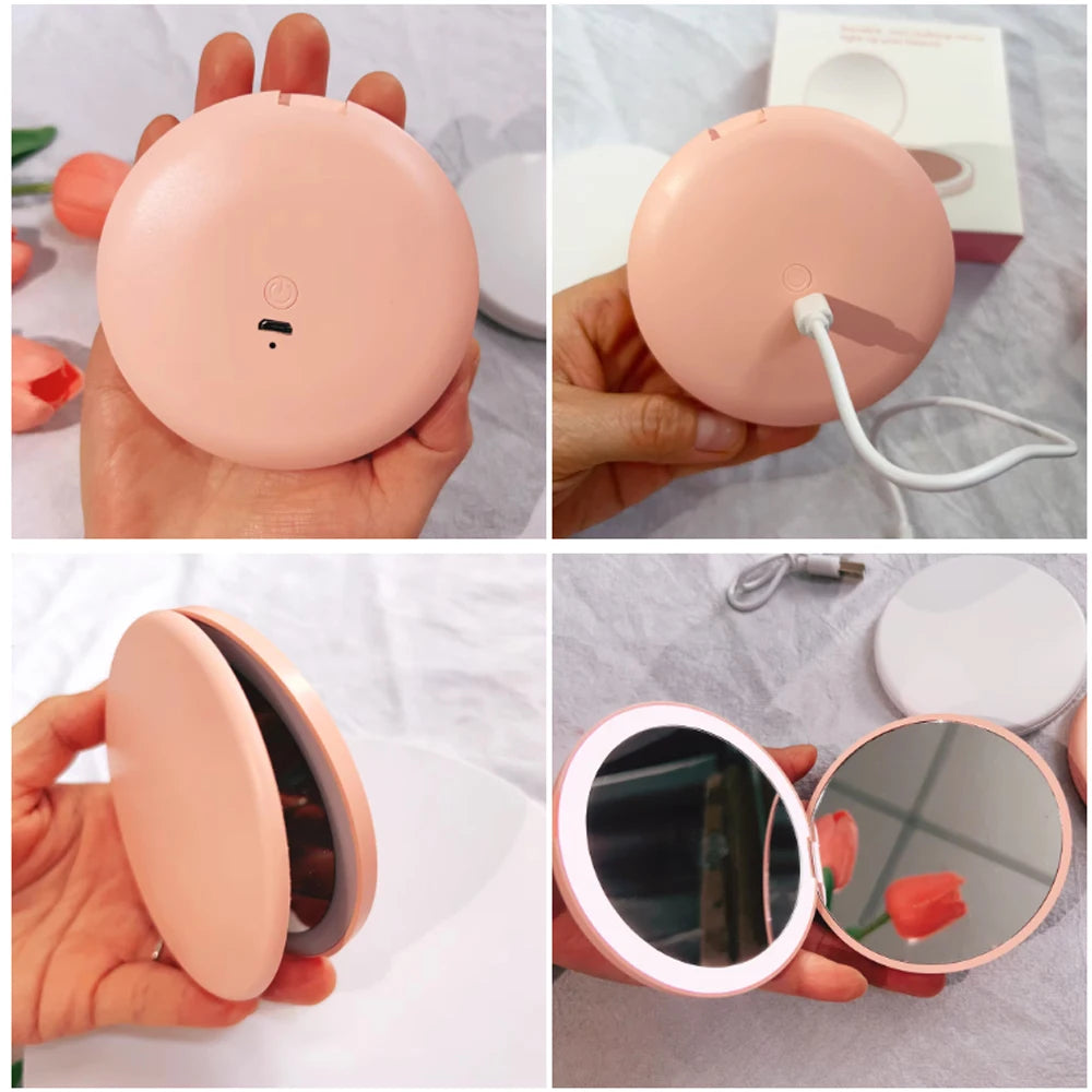 Pocket LED Makeup Mirror | Portable 2X Magnifying Compact Lighted Makeup Mirror QXL