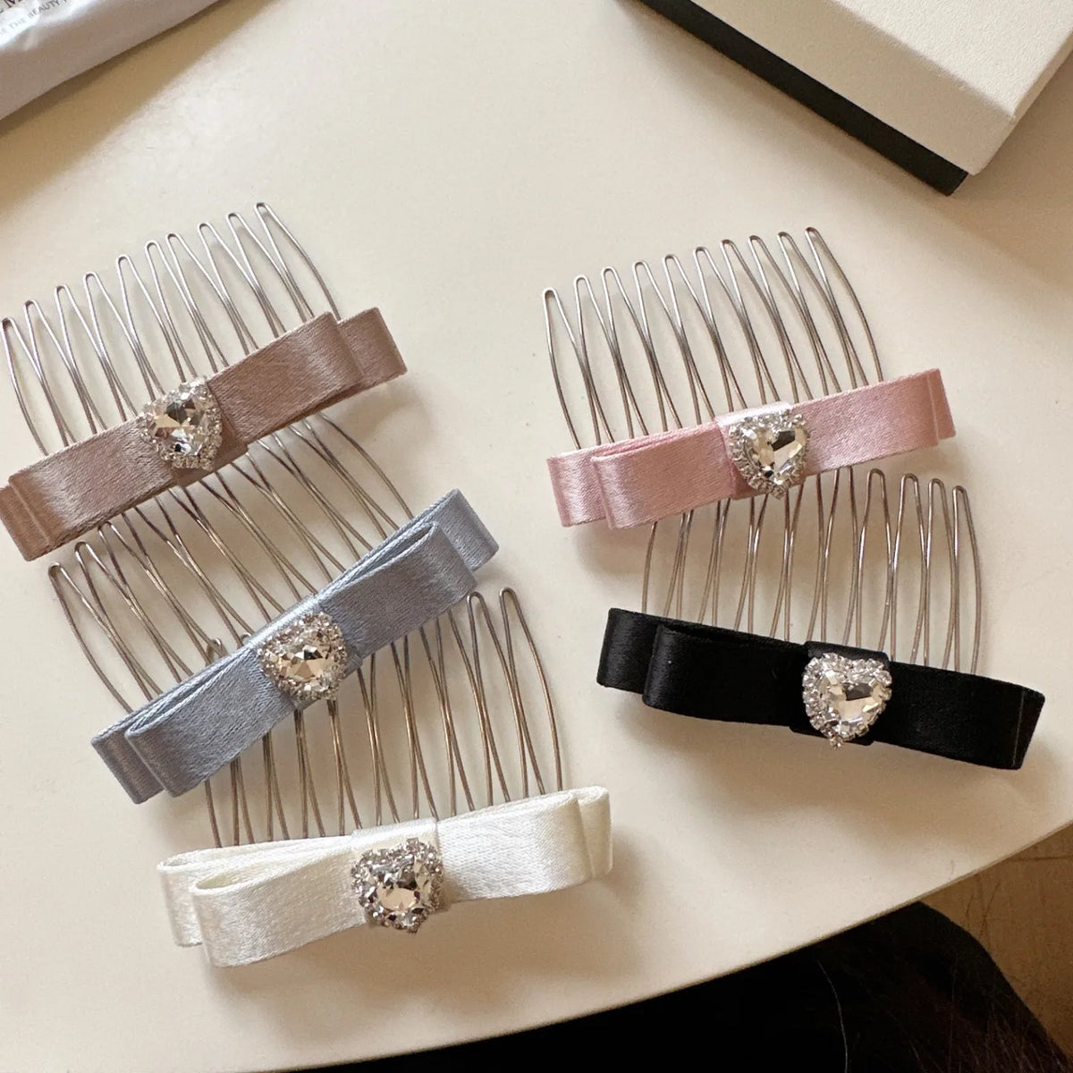 Rhinestone Heart Satin Bow Hair Comb | Crown Volume Style Decorative Hair Comb QXL
