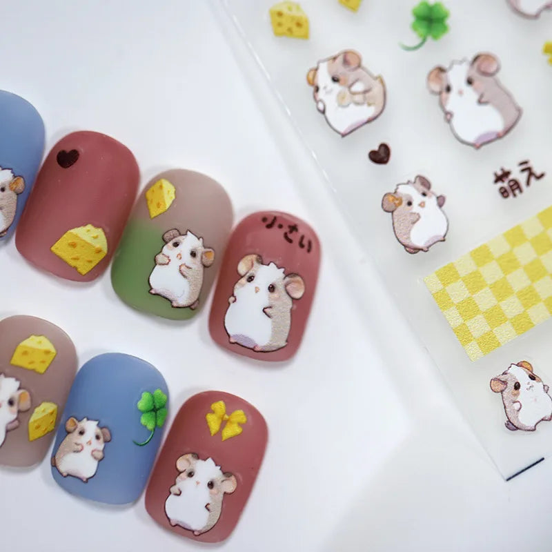 5D Kawaii Hamster Nail Art Stickers | Embossed Cartoon Decals Nail Art Stickers QXL