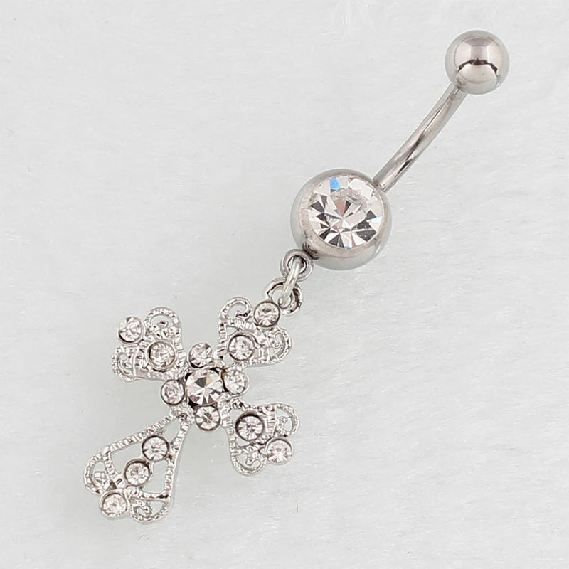 Crystal Cross Belly Button Ring | Stainless Steel Navel Bar Body Piercing Jewelry QXL