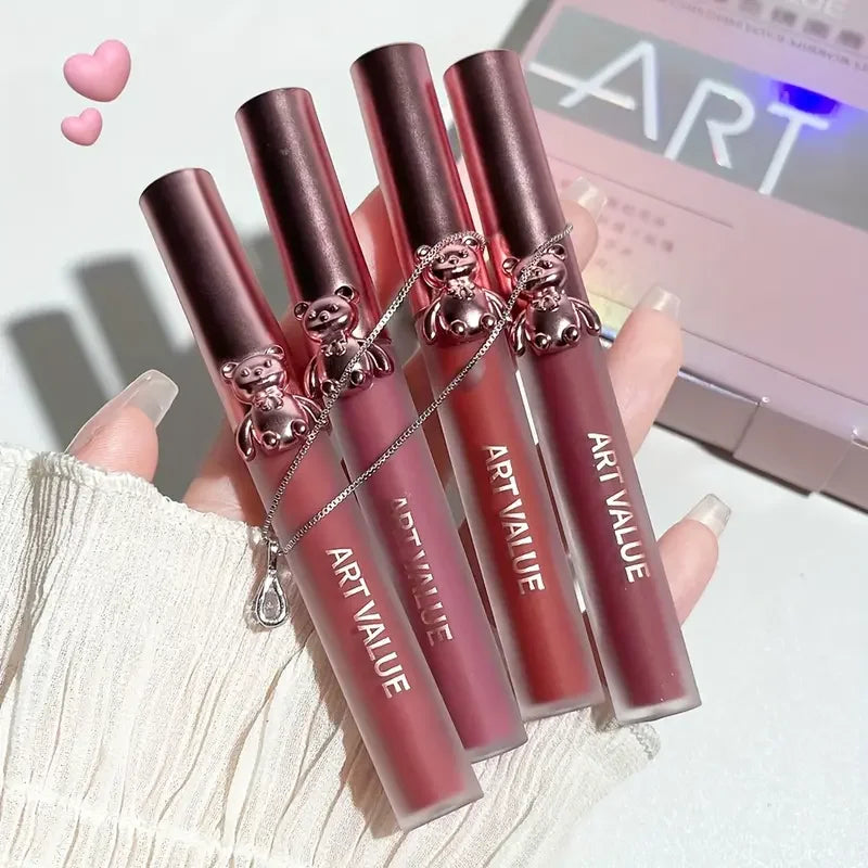 VERONNI Bear Lip Glaze & Necklace Gift Set | 4-Pc Matte Mirror Lip Glaze Gift Set QXL