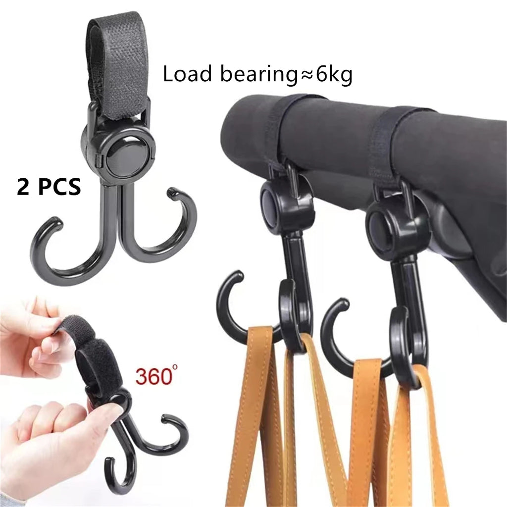 2-Pack 360° Rotating Stroller Hooks | PU Leather Pram Bag Hanger Stroller Hook Set QXL