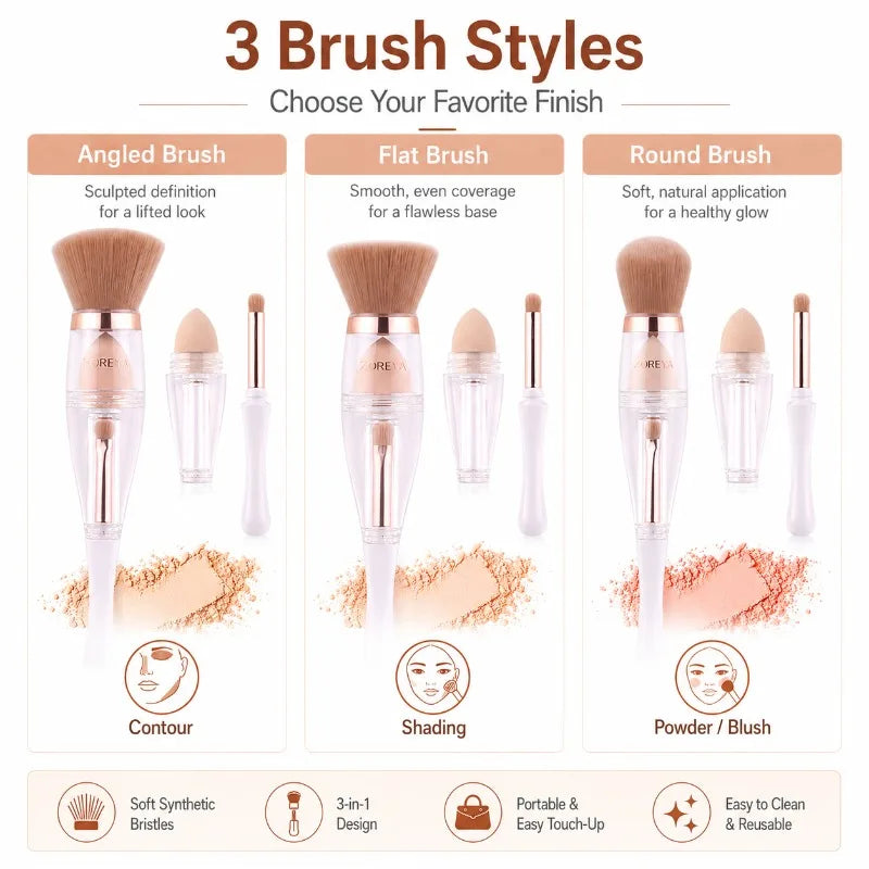 3-in-1 Makeup Brush | Powder, Sponge & Detail – Travel Kit Makeup Brush Set QXL