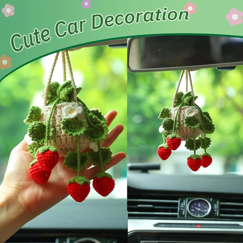 Knitted Strawberry Plant Basket Car Mirror Charm Ornament Car Mirror Charm QXL