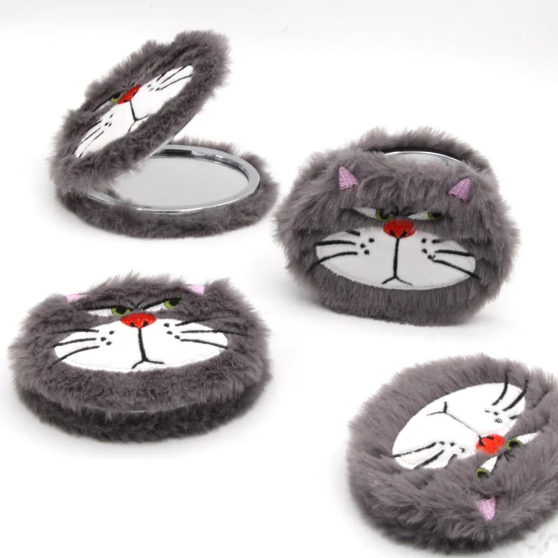 Cartoon Plush Double-Sided Compact Mirror with Magnification Compact Makeup Mirror QXL