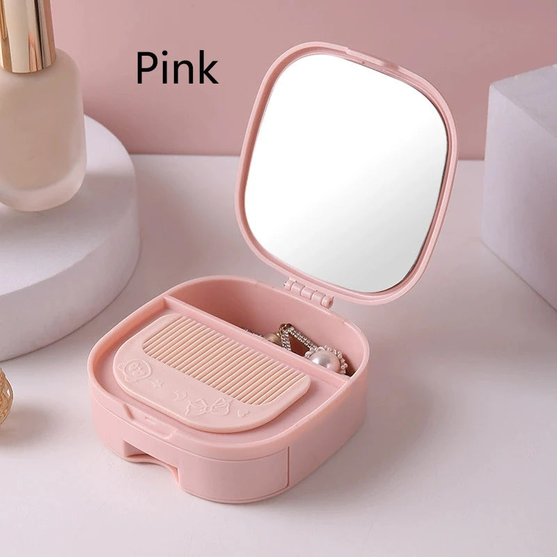 Folding Desktop Makeup Mirror with Storage Box & Comb Folding Vanity Mirror QXL Pink