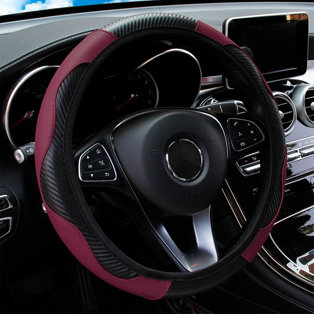 PU Leather Steering Wheel Cover Carbon Fiber 14.5–15 Inch Steering Wheel Cover QXL Wine red