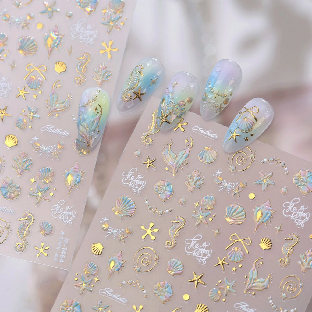 5D Golden Marine Nail Stickers – Seahorse Shell Starfish Decals Nail Art Stickers QXL