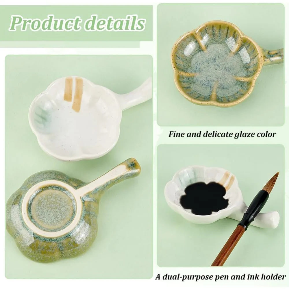 Ceramic Ink Dish Set of 2 | Flower Shape Calligraphy Brush Rest Ceramic Ink Dish QXL