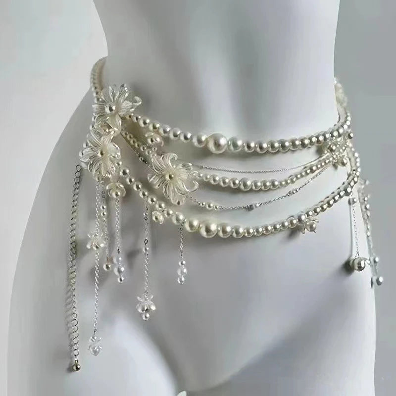 Multi-Layer Pearl Flower Tassel Waist Chain | Women's Body Chain Body Chain QXL