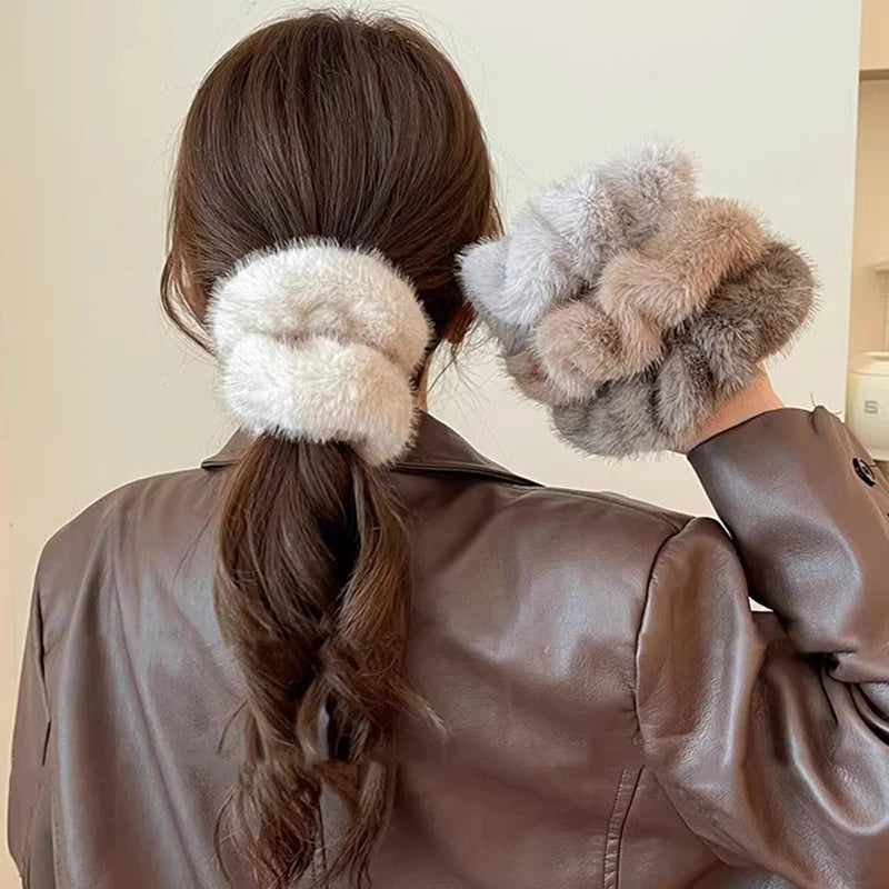 Plush Faux Fur Scrunchies | Women's Fluffy Hair Bands Plush Hair Scrunchie QXL