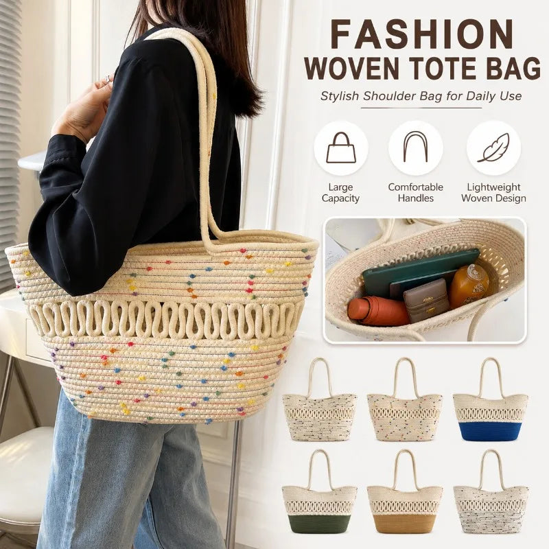Women's Woven Tote Bag | Large Beach & Travel Shoulder Bag Woven Tote Bag QXL