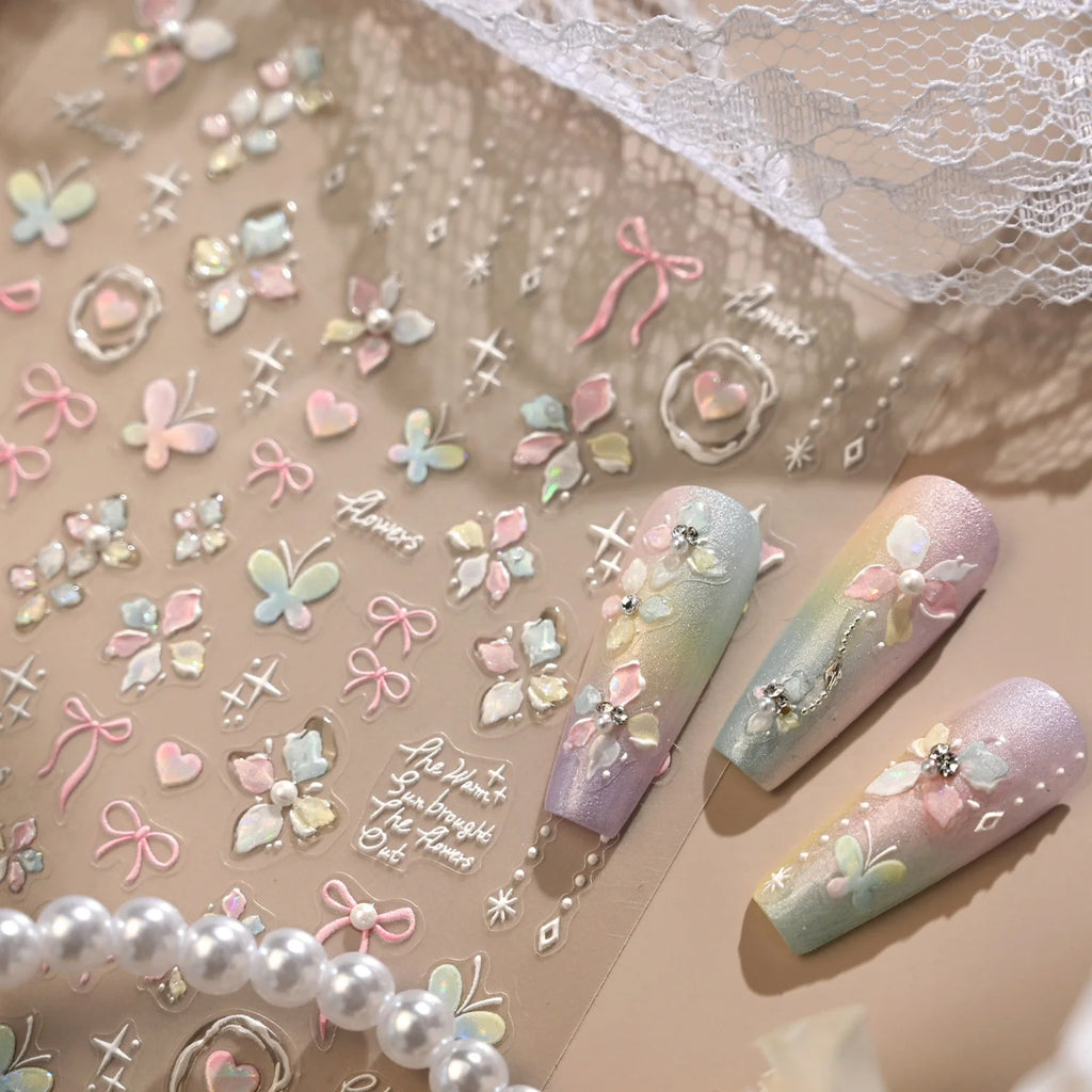 5D Butterfly Bow Nail Stickers | Y2K Lolita Pearl Decals Nail Art Stickers QXL