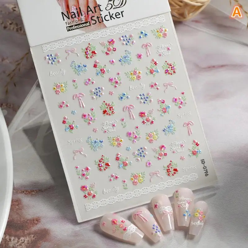 3D Spring Flower & Bow Nail Stickers | Rose Bouquet Decals Nail Art Stickers QXL A