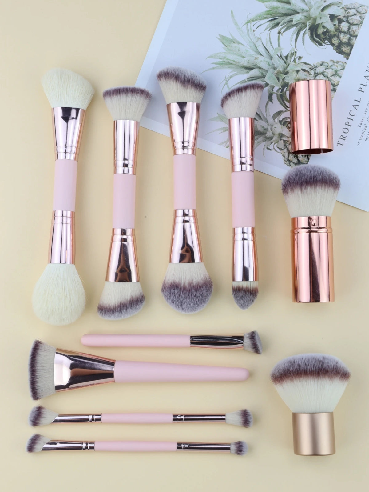 10-Piece Pink Makeup Brush Set | Goat Hair & Wood Handle Makeup Brush Set QXL