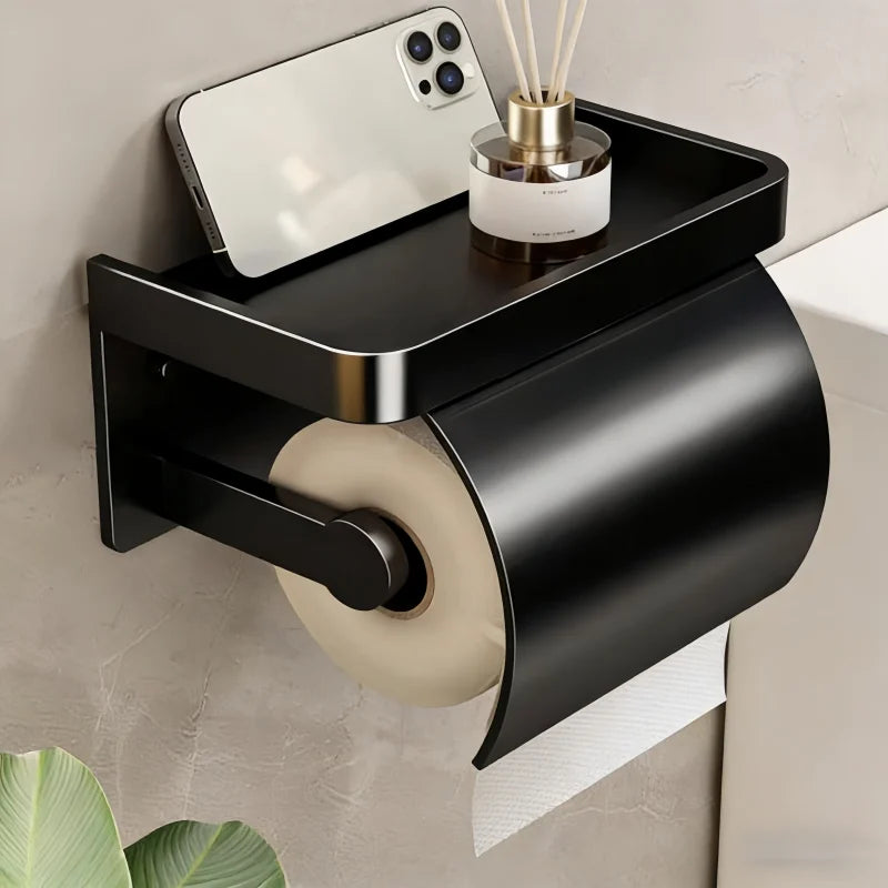 Aluminum Toilet Paper Holder – Rust-Proof, Ventilated & Splash Guard Toilet Paper Holder QXL New Black