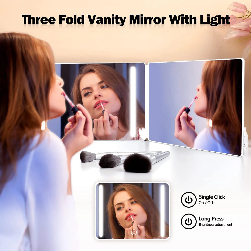 LED Trifold 3-Way Mirror with Lights | Adjustable Height LED Vanity Mirror QXL White with LED