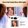 LED Trifold 3-Way Mirror with Lights | Adjustable Height LED Vanity Mirror QXL White with LED