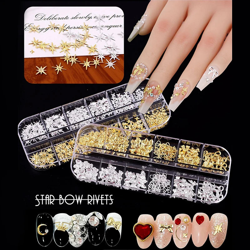 3D Metal Nail Charms Set | Gold & Silver Bowknot Stars 2-Box 3D Nail Charms QXL