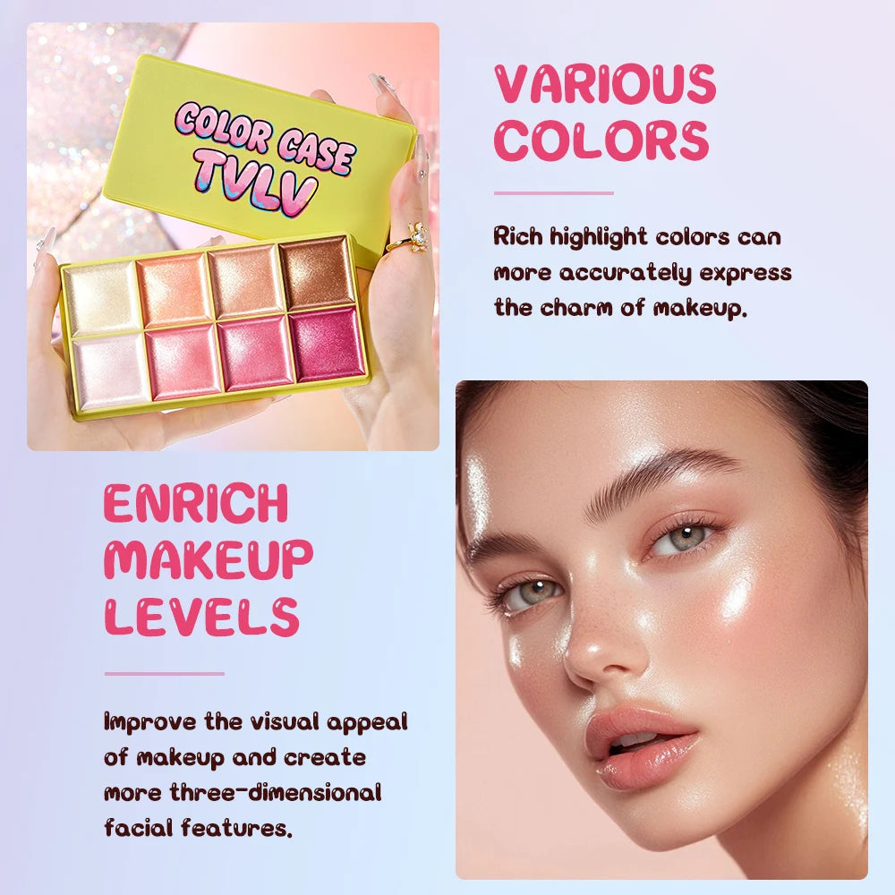 TVLV 8-Color Shimmer Highlighter Palette – Face & Eye Glow Shimmer Highlighter Palette QXL