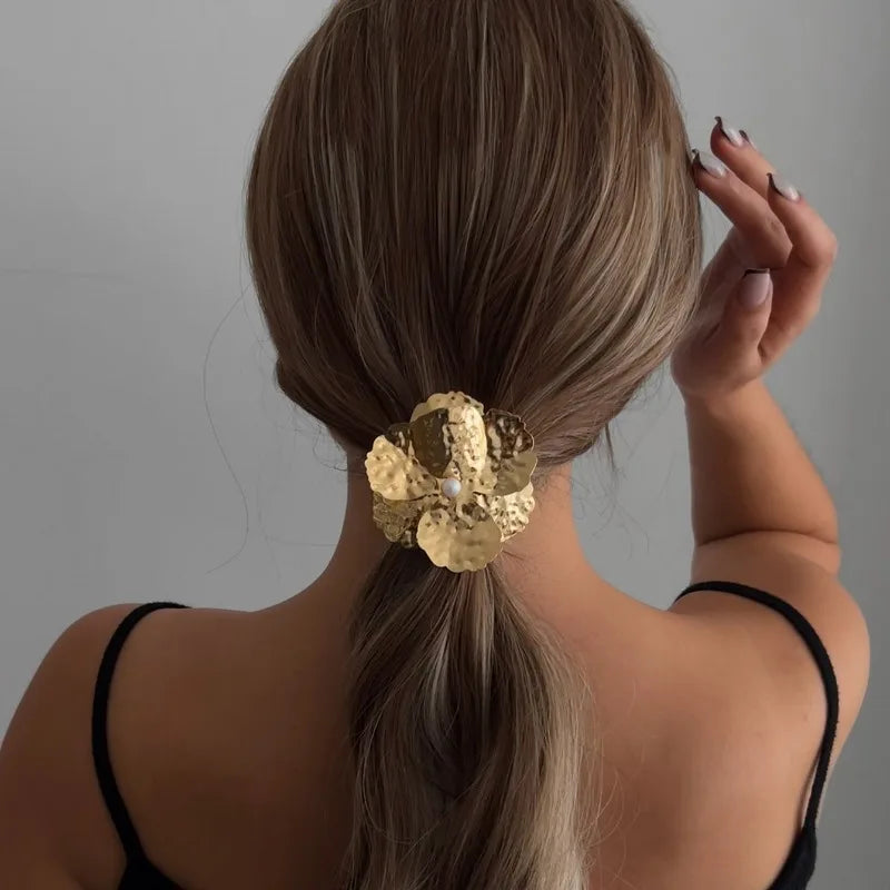 Gold Flower Pearl Hair Elastic | Ponytail Ring Accessory Hair Elastic Ring QXL