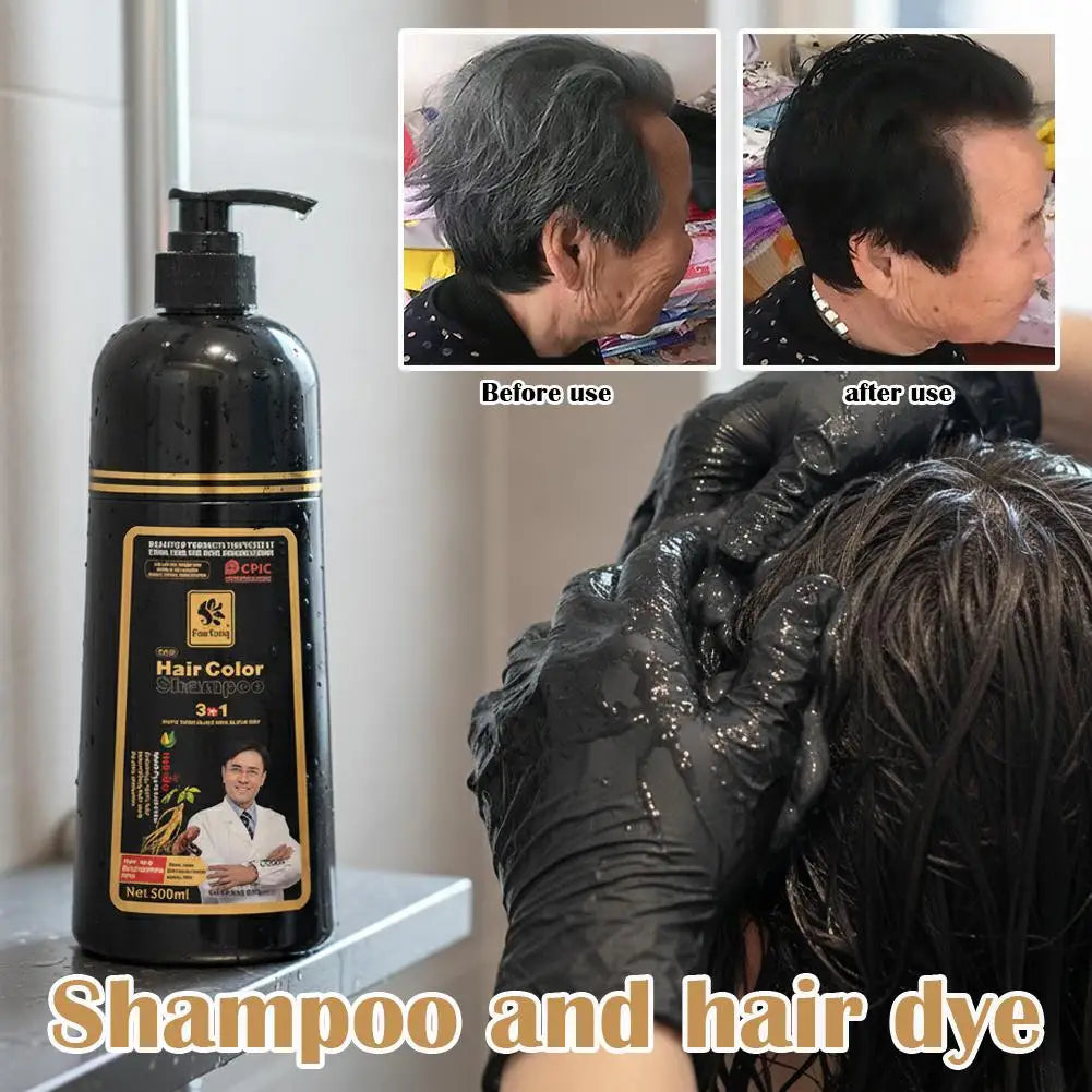 3-in-1 Black Hair Dye Shampoo | Gray Coverage 500ml Herbal Hair Dye Shampoo QXL