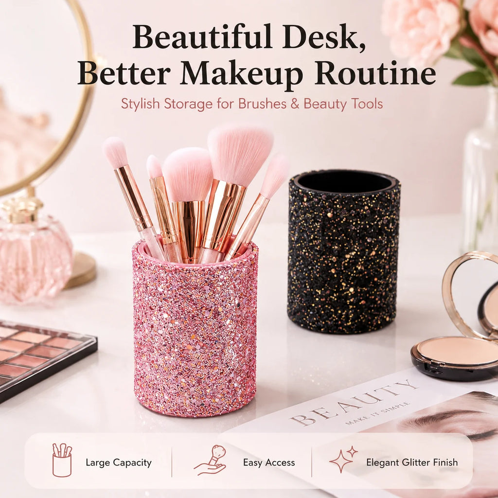 Glitter Makeup Brush Holder PU Organizer Cup | Pink & Black Makeup Brush Holder QXL