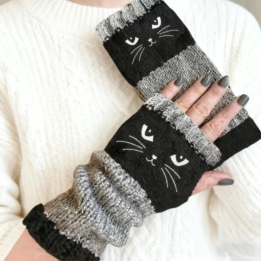 Women's Embroidered Fingerless Gloves – Cat, Bird & Heart Fingerless Gloves QXL Black - Cat