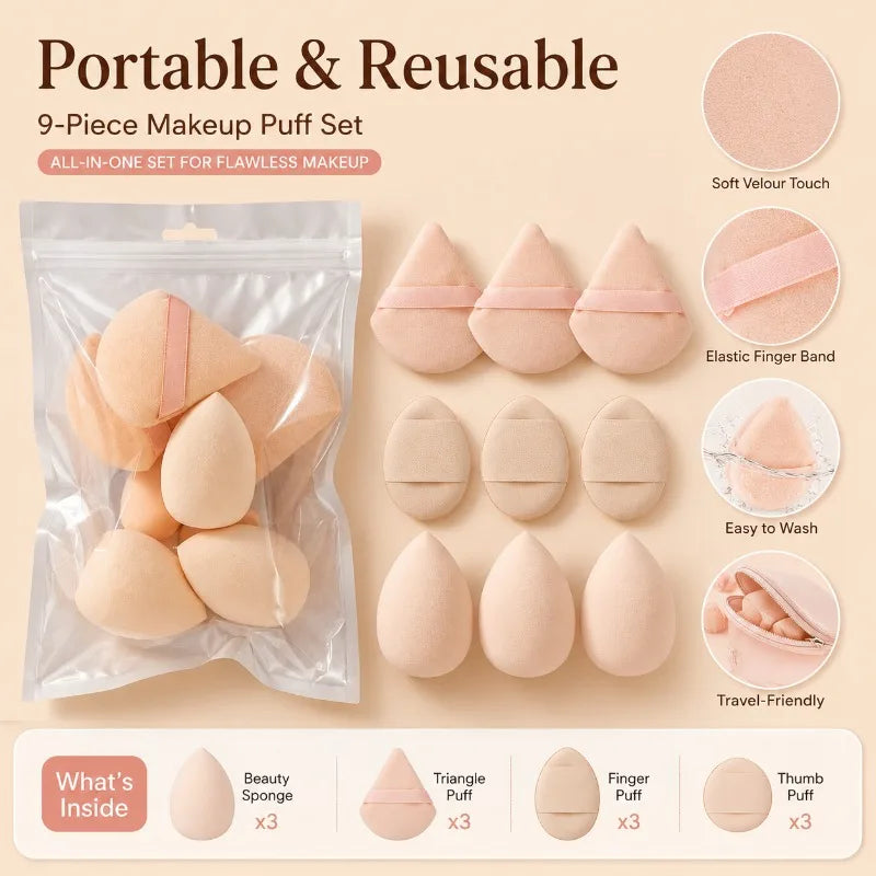 9-Piece Makeup Sponge & Puff Set | Foundation, Powder, Concealer Makeup Sponge Set QXL