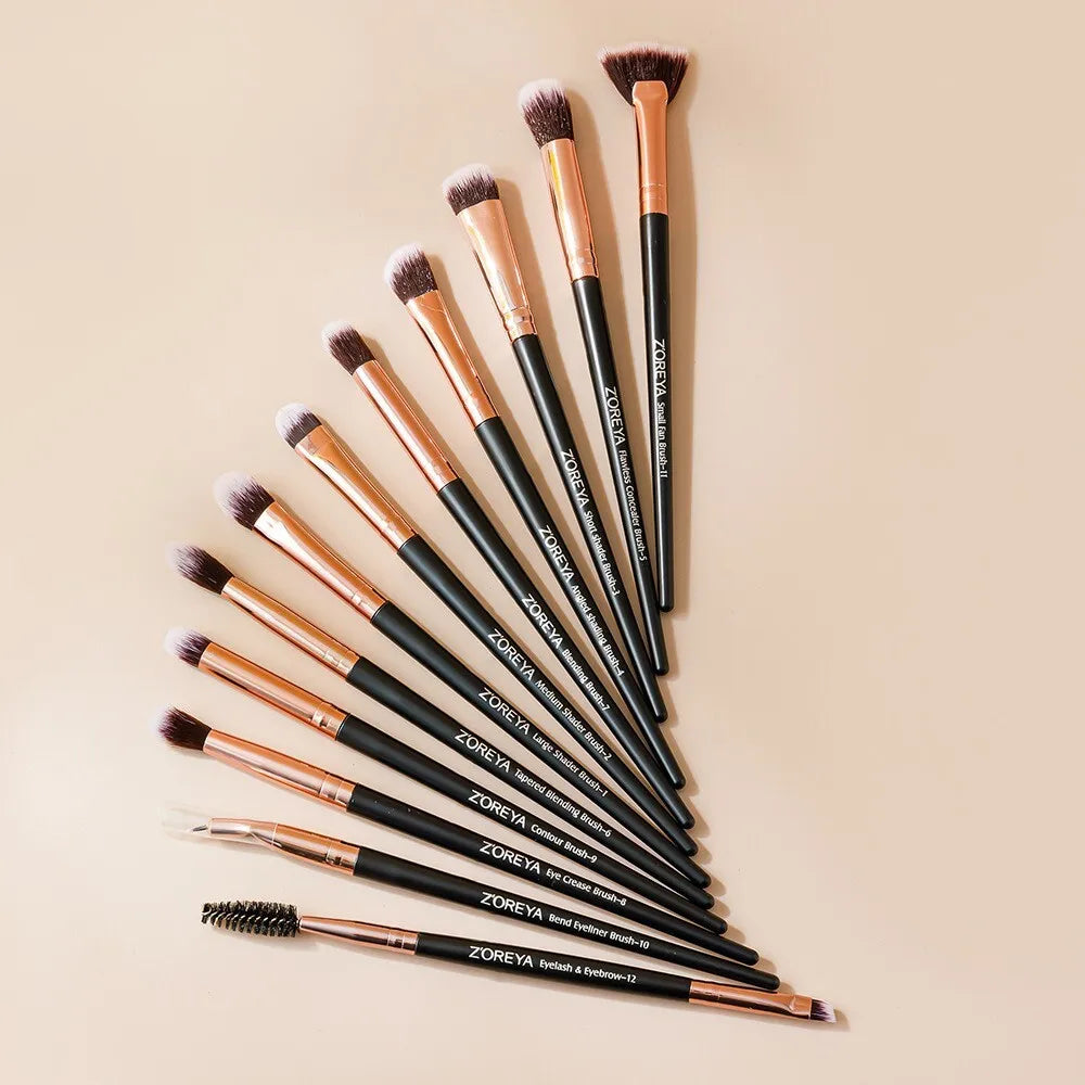 Zoreya 12-Piece Eyeshadow & Lip Makeup Brush Set – Fiber Bristles Makeup Brush Set QXL Black Brush